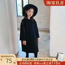 Big child Womens sweater dress niche designer wind black long sleeve spring and autumn dress large childrens medium length