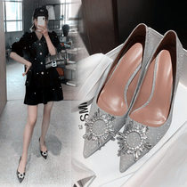 Silver sun flower rhinestone pointed shallow single shoes Female fairy wind sexy fine heel Satin socialite high heels wedding shoes