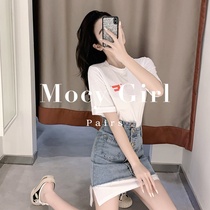 Sandro asw short sleeve T-shirt suit skirt female 2022 new temperament sweet large size denim T-shirt two-piece skirt