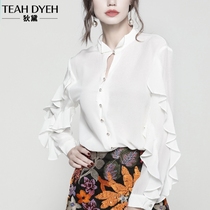 French Silk Lotus Leaf Top Women's Court Fashion Elegant European Nail Beads White Western Mulberry Silk Shirt