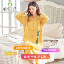 Spring and autumn nightgown women cotton long sleeve cardigan cartoon long knee Lady Korean loose pajamas cute shirt skirt