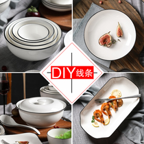 Simple Nordic style household ceramic dishes tableware set black lines creative rice bowl dish soup bowl spoon fish plate