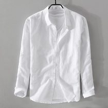 Special Cabinet White Long Sleeve Linen Shirt Men Casual Turn Collar Loose Solar breathable cotton linen lining Inch Male Tide