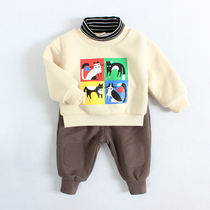 Baby plus velvet sweater suit autumn and winter style foreign style 1-3 years old infant thickening clothes boys and girls two-piece set 0