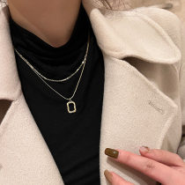 Double-layer stacked square pendant necklace autumn and winter temperament advanced light luxury niche ins personality sweater vests chain