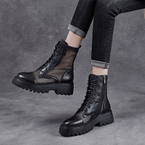 Leather net gauze cool boots Women 2020 Summer new high hollow hollow thick bottom increased hole shoes casual net boots
