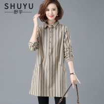 Cotton linen striped shirt womens long sleeve 2021 Autumn New Korean casual loose slim long pullover shirt