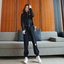 2021 new female spring and autumn Net red fried street fashion harbor style sweater hooded pants leisure sports two-piece set