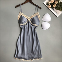 Spring and summer new silk sexy lace halter pajamas small chest gathered suspender chest pad ice silk night dress womens autumn