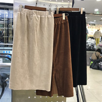 Corduroy ins split mid-length high-waisted crotch skirt womens 2020 autumn and winter wild large size thin skirt