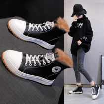 High-top shoes womens 2021 explosive autumn and winter New velvet cotton shoes leather thick-soled Joker leisure net hair shoes