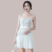 Socialites temperament embroidered white polo point lace stitching sexy suspenders strapless skirt skirt minority holiday dress women
