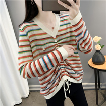 Autumn Clothing 2022 New Womens Dress V Collar Striped Lady Sweater Womens Loose Needle Weaves Fall Blouse Thin Spring Autumn