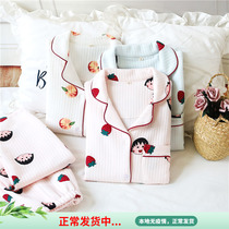 Air Layer Pyjamas Lady Triple Clip Cotton Spring Autumn Season Winter Style Pure Cotton Air Cotton Home Suit Shot Thin
