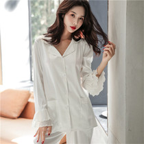 Korean pajamas womens spring and summer long-sleeved trousers thin ice silk ruffles cardigan outside home wear two-piece suit