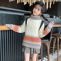 Girl sweater 2021 new foreign style children autumn and winter thick middle child high collar fashionable girl sweater