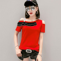 Europe and the United States tide brand 2022 summer new fashion shoulder T-shirt women's short sleeve slim cotton half sleeve shoulder jacket