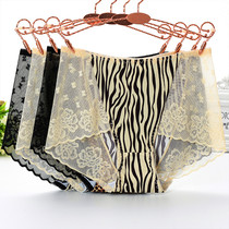 Printed BAO WEN lace panties large size fat MM sexy wild ice silk ladies high waist comfortable breathable triangle 