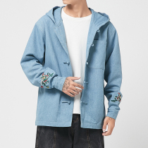 Chinese style denim jacket men hooded jacket embroidery loose hooded retro buckle denim clothing national tide gown fat