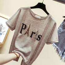 South Korea 2021 summer new ice silk short sleeve T-shirt female loose Korean version sequin thin T-shirt ins Super fire top tide