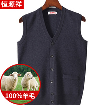 Hengyuanxiang 100 pure woolen sweater vest male middle-aged V-neck sleeveless sweater winter vest knitted dad wool waistcoat