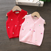 Female baby sweater waistcoat cardio-hoodie spring autumn Korean version newborn pure cotton knit vest Kanshoulder baby waistcoat