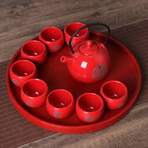 Chinese red ceramic wedding tea set wedding supplies gift gift gift double joy tea cup pot