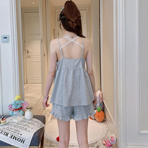 2020 New Sleepwear Woman Summer Pure Cotton Sexy Harness Sweet Beauty Cute Princess Wind Lace Striped Home Suit Suit