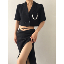 ACUP short sleeve blazer womens 2021 summer fried street pearl pendant short navel suit top thin tide