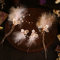 Bride hairclip Set Super Fairy Pink Feather Beautiful Tassel Headwear Wedding Dress Accessories Korean Wedding Hair Accessories