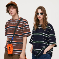 KU-HOUSE Black and White Strip Short Sleeve T - shirt Men and Women Retro Student Couple Superior American Couple