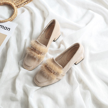 Boarder genuine leather coarse heel Lefoe shoes woman 2020 new Korean version 100 hitch fur wool shoes plus suede warm heels with single shoes