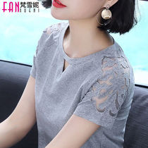 95 cotton t-shirt woman in summer style Han version short sleeve net yarn hollowed-out embroidery big code Compassionate Fat Mm Blouse