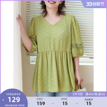 MSShe big code womens dress 2022 new summer clothes fat mmV collar blouses high waist and medium long jacquard blouse