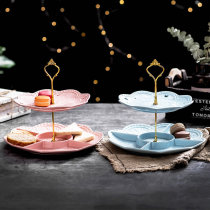 Ceramic fruit plate Blue multi-layer dessert plate Dried fruit candy cake refreshment household living room two-layer plate Birthday party