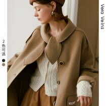 Full wool long cocoon woolen coat 2021 spring new female lapel lace handmade double-sided woolen coat
