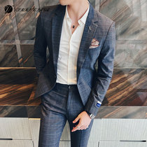 Plaid small suit mens suit slim Korean version of British style casual fashion suit jacket two-piece groom dress