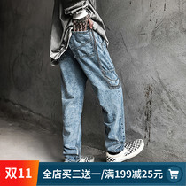 Retro do old high street Blue versatile multi-pocket straight small straight feet show high thin jeans for men and women