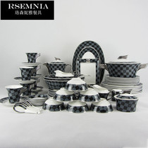 Rsemnia Eurostyle Mid-Stall Black Grey Bone China Porcelain Cutlery Suit 70 Head Ceramic Family Send Gift Siri Cutlery Dish Bowl