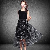 Foreign trade Style 2020 new European and American temperament sleeveless lace stitching long floral mesh gauze thin evening dress women