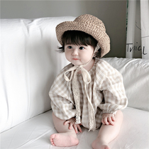 2021 spring and autumn Korean childrens clothing baby one-piece men and women baby long-sleeved plaid climbing clothes loose one-piece coat