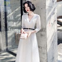 Big choir performance dress womens long dress 2021 New banquet temperament long sleeve white socialite long-sleeved