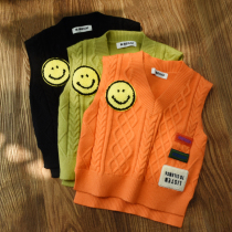 Childrens waistcoat jacket outside wearing autumn and winter Korean version knitted waistcoat woolen clothing foreign air canon shoulder 2021 new childrens clothing