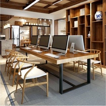 Conference table Nordic wood computer table Wrought iron long office table Solid wood board modern simple workbench