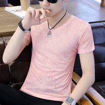 Rich bird mens short sleeve t-shirt trend Korean Ice Silk V collar loose mesh hollow print quick-drying body shirt ins