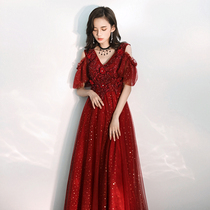 Large size toast dress bride 2021 summer red back door evening dress female wedding long thin pregnant woman cover arm