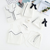 White cotton pajamas womens spring and autumn summer autumn winter long sleeves suspenders cotton simple home wear set 7 seven-piece set