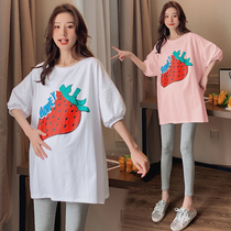 Pregnant womens summer suit out fashion pregnant two-piece set late pregnancy foreign style pregnant women short sleeve t-shirt shirt