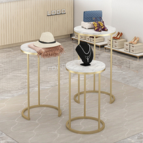 Clothing store window display rack imitation marble round rack high and low shoe store bag display display rack iron art