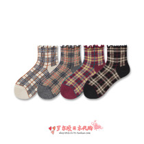 Japan autumn and winter New retro wooden ear Plaid tube socks Cotton College Style Check Girl short socks